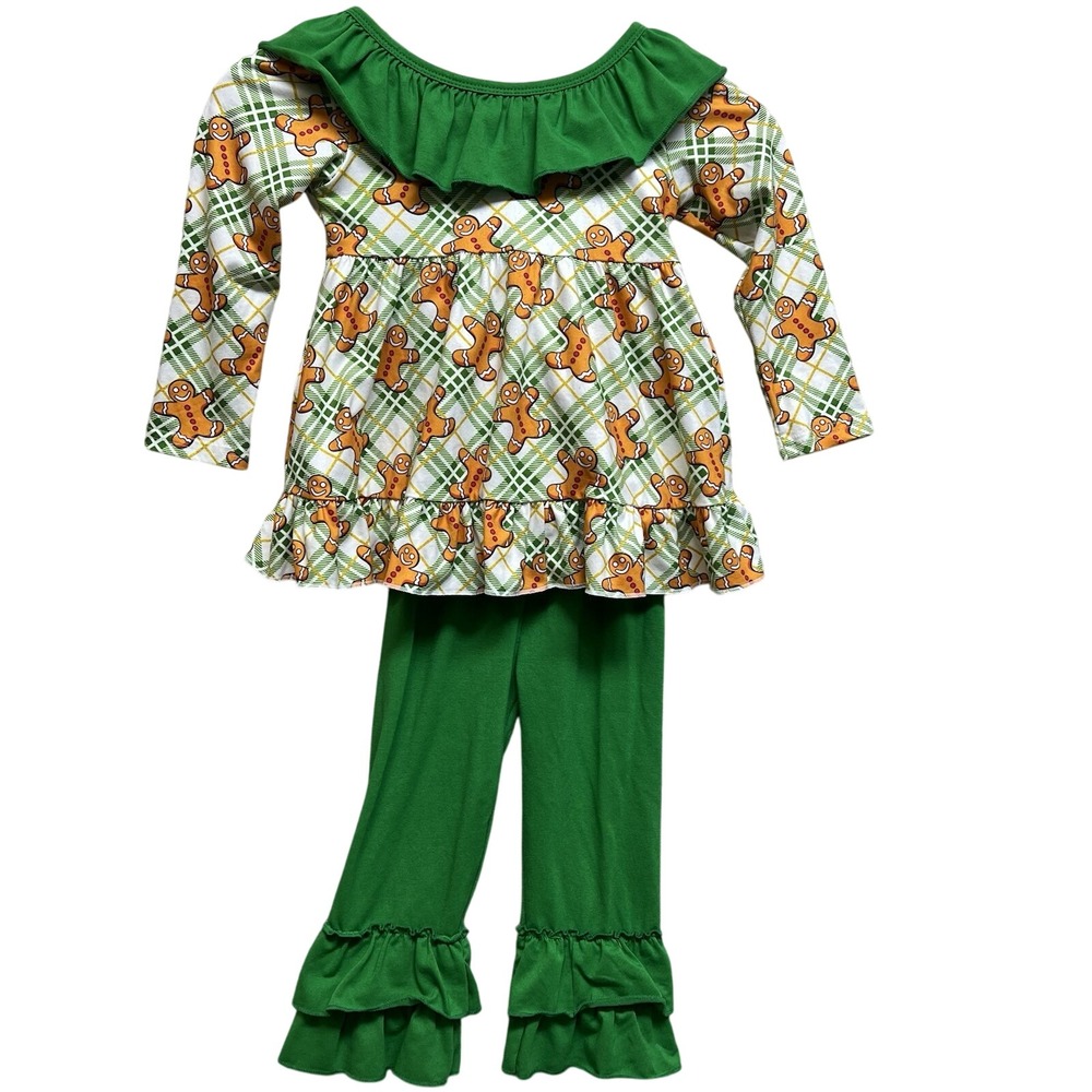 Little Girl's Gingerbread Man Green Bow Tunic Ruffled Legging Set 2T